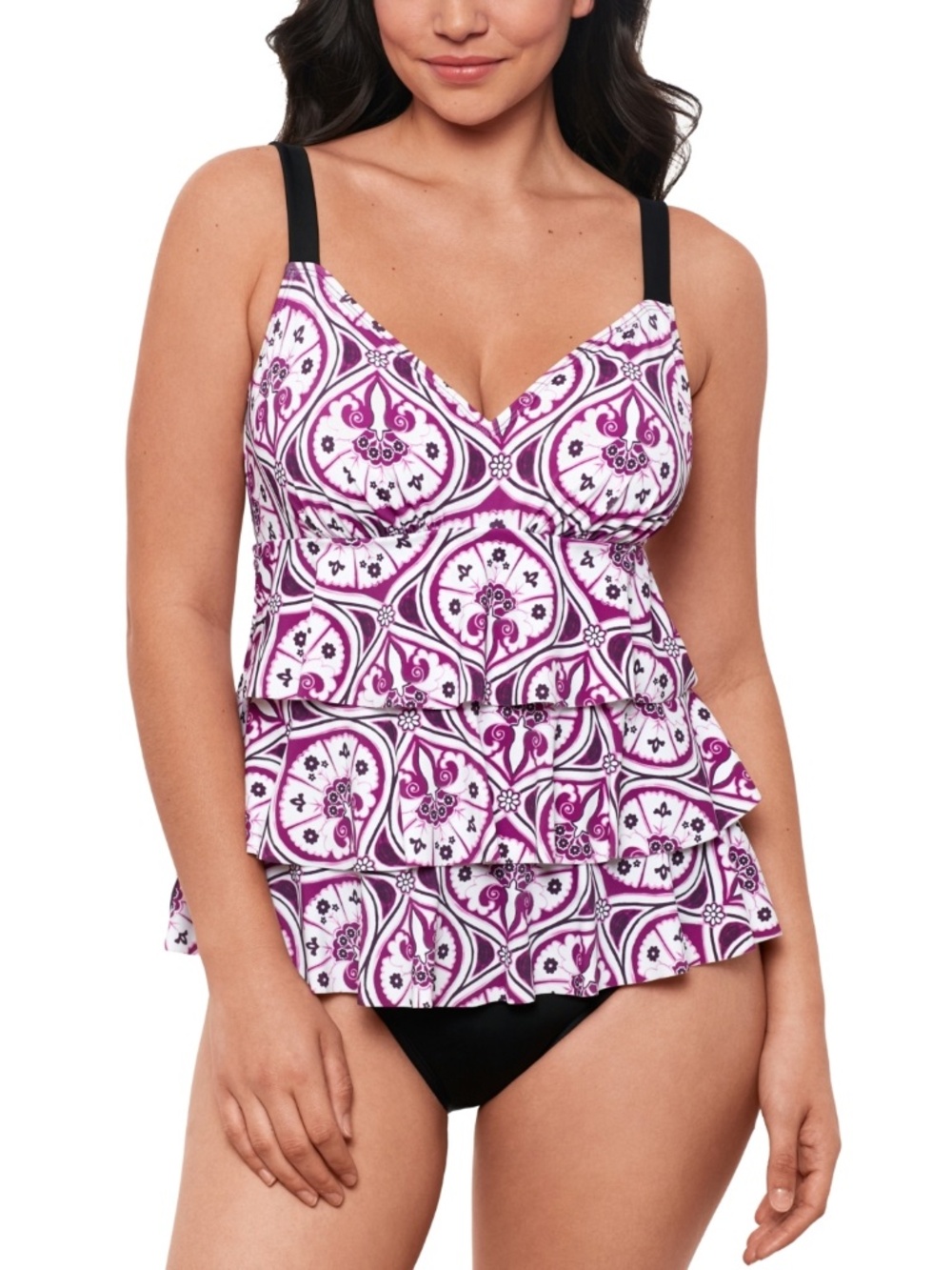 Swim Solutions Women S Printed Tiered Fauxkini One-Piece Swimsuit Magenta